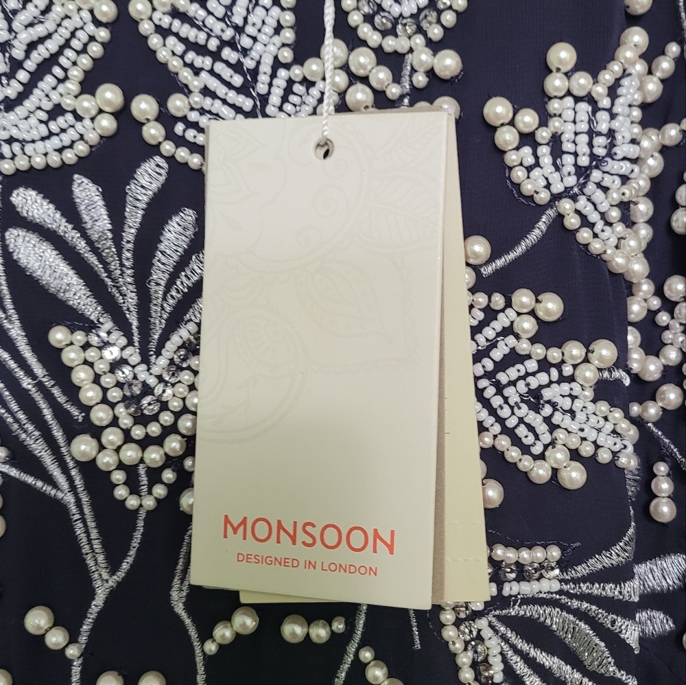 Monsoon Navy Midi Dress with White Floral Embroidery - Picture 6 of 9